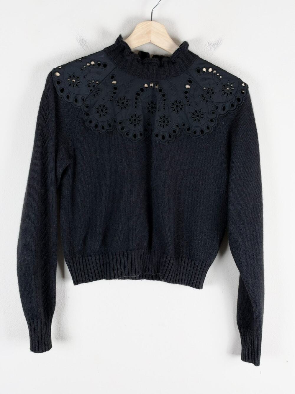 Other Stories Wool Blend Knit Frilled Neck Scalloped Detail Black Sweater Sz XS